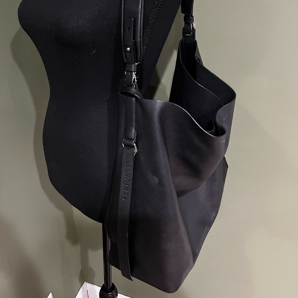 AllSaints Kim North South Black Leather Captain Shoulder Bag